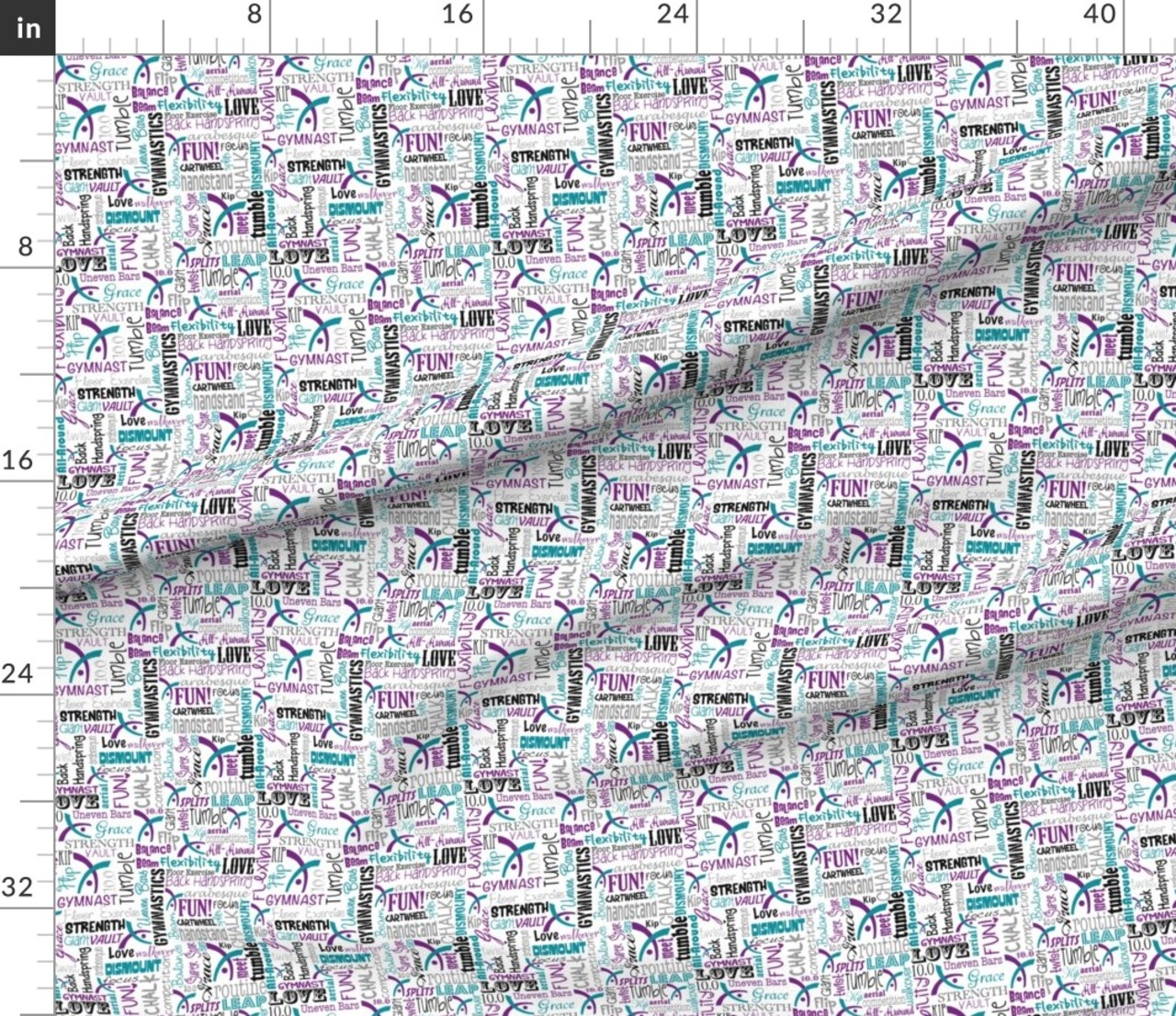 Blue, Purple, Gymnastics, Words, Teal, Sport, Gymnast, Athletic, Typography Custom Printed Fabric by Spoonflower Various Fabrics by the Yard or Fat Quarter